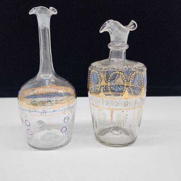 Bohemian Blown Glass Decanters Hand Painted Blue Enamel Gold Paint 7.5" - Picture 11 of 13